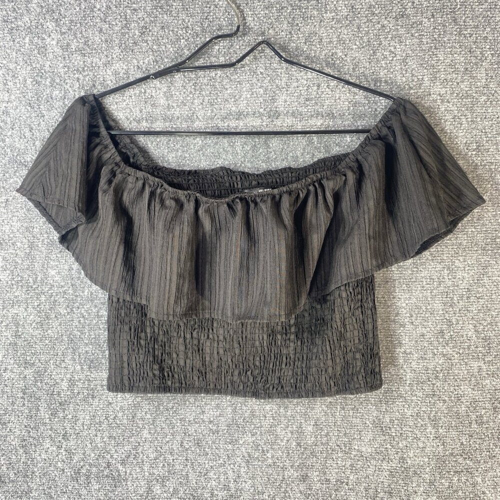SHEIN Crop Top Womens Small Black Crop Ruffle Off Shoulder Top Stretch Blouse